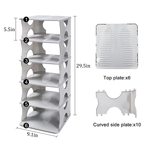 TXALWIQ 6-Tier Shoe Rack,Stackable Storage Organizer for Bedroom Entryway, Adjustable Rack,Shoe Slots Shelf, Easy Clean Tower Rack,Grey