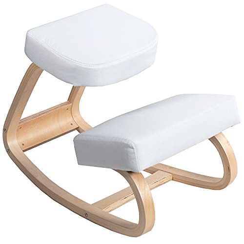 VIVO Wooden Rocking Kneeling Chair, Ergonomic Rocker Stool for Home and Office, Angled Posture Seat, Light Wood Frame & White Cushions, CHAIR-K04RW