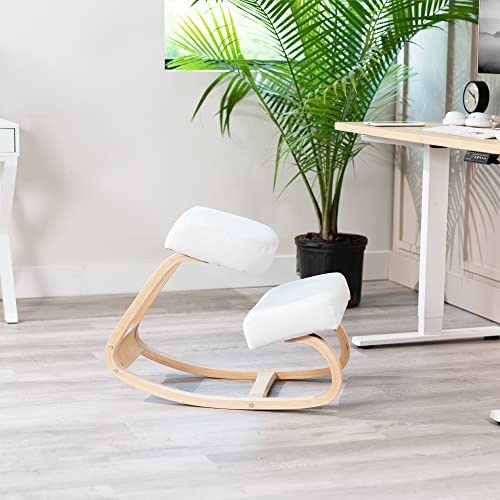 VIVO Wooden Rocking Kneeling Chair, Ergonomic Rocker Stool for Home and Office, Angled Posture Seat, Light Wood Frame & White Cushions, CHAIR-K04RW