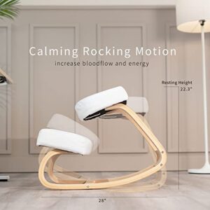 VIVO Wooden Rocking Kneeling Chair, Ergonomic Rocker Stool for Home and Office, Angled Posture Seat, Light Wood Frame & White Cushions, CHAIR-K04RW