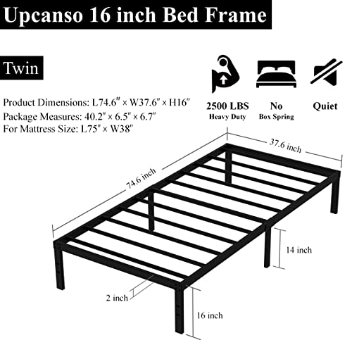 Upcanso 16 Inch Twin Bed Frames No Box Spring Need, Metal Platform Bed Frame Twin Size Heavy Duty Mattress Foundation with 14 Inch Storage, Eassy Assembly 2,500 lbs Steel Slats Support, Black