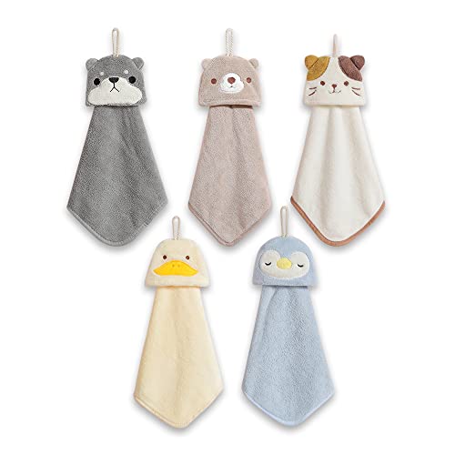 5 Pack Cute Towels with Hanging Loop, Children Hand Towel Animals, Microfiber Coral Fleece Absorbent Hand Towel for Kitchen Bathroom Bedroom (5pcs)