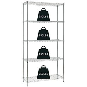 hcy garage shelving, 72*36*14inch metal shelves 5 tier wire shelving unit adjustable heavy duty sturdy steel shelving for pantry garage kitchen (chrome)
