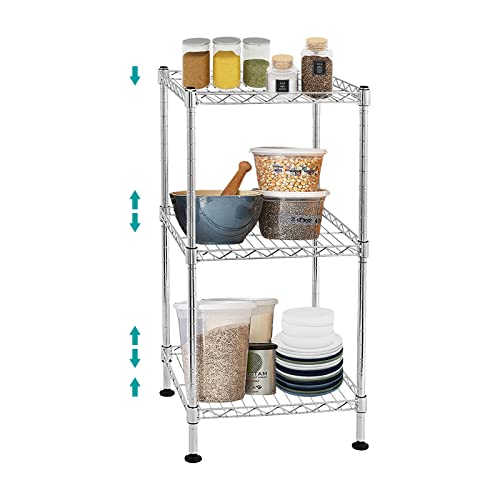 BNSPLY 3-Tier Adjustable Shelving Unit, Metal Wire Rack with NSF Certified, Leveling Feet, Standing Storage Shelf for Laundry, Bathroom, Kitchen, Pantry, Closet, Chrome