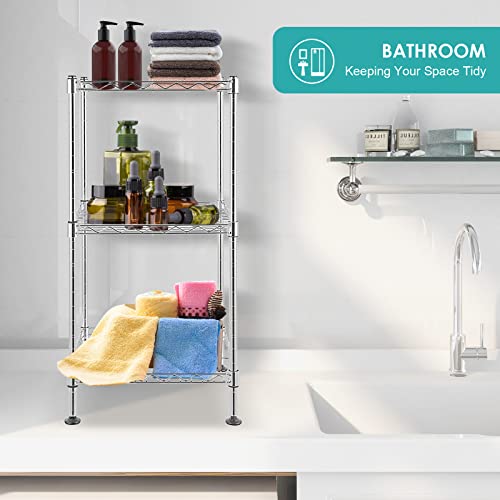 BNSPLY 3-Tier Adjustable Shelving Unit, Metal Wire Rack with NSF Certified, Leveling Feet, Standing Storage Shelf for Laundry, Bathroom, Kitchen, Pantry, Closet, Chrome