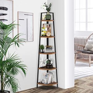 Oapety 5-Tier Ladder Corner Shelf, Display Rack Multipurpose Bookshelf and Plant Stand for Living Room(Brown)