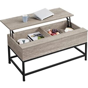 yaheetech lift top coffee table with storage and metal frame for living room, split lift up coffee table with hidden compartments, center table for reception room, easy to lift up, gray