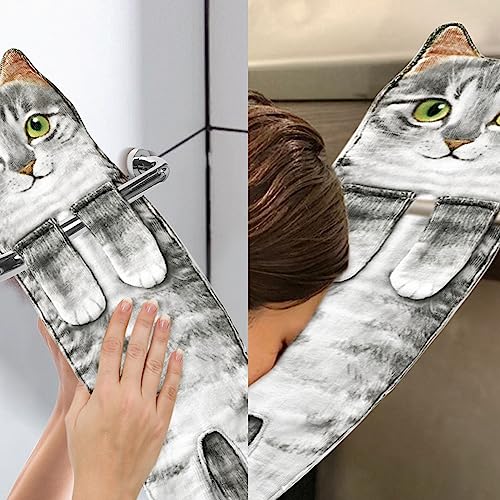 AGRIMONY Cat Funny Hand Towels for Bathroom Kitchen - Cute Decorative Cat Decor Hanging Washcloths Face Towels Super Absorbent Soft - Housewarming Gift for Cat Lovers - Gray