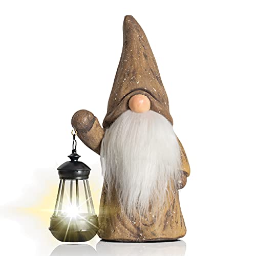 Garden Gnome Decorations with Solar Lights, Funny Resin Gnome Garden Figurines-Outdoor Lawn Decor Flocked for Patio, Balcony, Yard, Ornament Unique Christmas Housewarming Gift, 13 inch (Brown)