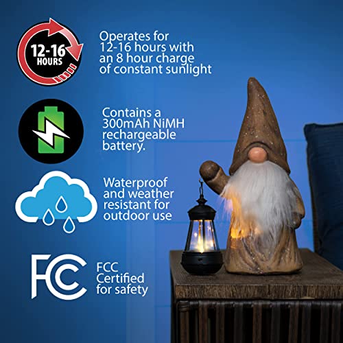 Garden Gnome Decorations with Solar Lights, Funny Resin Gnome Garden Figurines-Outdoor Lawn Decor Flocked for Patio, Balcony, Yard, Ornament Unique Christmas Housewarming Gift, 13 inch (Brown)