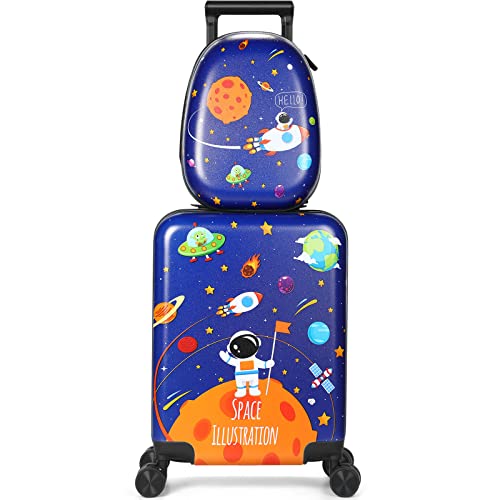 Kids Luggage and Backpack 18" Suitcase with Spinner Wheel Hard Case Travel Suitcase 13" Backpack Girl Suitcase Set for Kids Travel Suitcase Supplies (Blue, Spaceman Style)