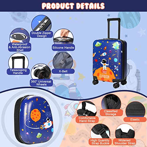 Kids Luggage and Backpack 18" Suitcase with Spinner Wheel Hard Case Travel Suitcase 13" Backpack Girl Suitcase Set for Kids Travel Suitcase Supplies (Blue, Spaceman Style)