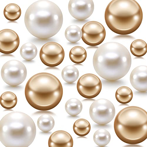 200 Pieces Pearl for Vase Filler Pearl Beads No Hole Pearl Vase Makeup Beads for Brushes Holder for Home Wedding Decor, 10/14/20/30 mm (White, Gold)