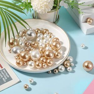 200 Pieces Pearl for Vase Filler Pearl Beads No Hole Pearl Vase Makeup Beads for Brushes Holder for Home Wedding Decor, 10/14/20/30 mm (White, Gold)