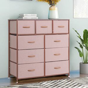 Prime Garden Wide Dresser Storage Tower with 9 Drawers, Steel Frame, Wood Top, Wood Handle, Furniture Fabric Organizer Unit for Bedroom, Hallway, Entryway, Closets, Rose Gold