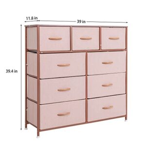 Prime Garden Wide Dresser Storage Tower with 9 Drawers, Steel Frame, Wood Top, Wood Handle, Furniture Fabric Organizer Unit for Bedroom, Hallway, Entryway, Closets, Rose Gold