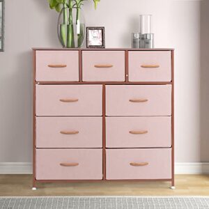 Prime Garden Wide Dresser Storage Tower with 9 Drawers, Steel Frame, Wood Top, Wood Handle, Furniture Fabric Organizer Unit for Bedroom, Hallway, Entryway, Closets, Rose Gold