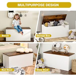 Costzon Kids Toy Box Storage Chest, Wooden Children Storage Bench Ottoman Trunk w/Flip-top Lid, 35.5” Wide Toddler Cabinet Organizer w/Pneumatic Rod for Kids Play Room Nursery (Rustic Brown + White)