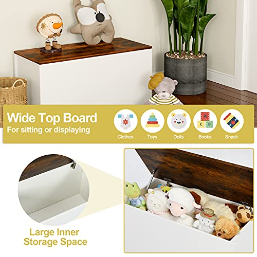 Costzon Kids Toy Box Storage Chest, Wooden Children Storage Bench Ottoman Trunk w/Flip-top Lid, 35.5” Wide Toddler Cabinet Organizer w/Pneumatic Rod for Kids Play Room Nursery (Rustic Brown + White)