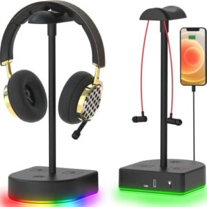 bgmutcx rgb headphone stand with usb charging port or hub, desk gaming headset holder, durable hanger rack suitable for desktop table, game,earphone, pc, gamer accessories (black)