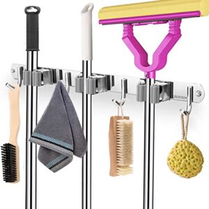 aikert mop and broom holder wall mount - broom organizer wall mount heavy duty garage tools hanger organize and storage for kitchen, bathroom, garden, laundry / 1 pack grey