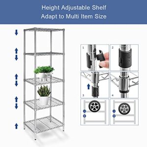 5 Tier Wire Shelving Unit, Height Adjustable Wire Shelves with NSF Certified, Narrow Metal Storage Rack Shelf Unit for Kitchen, Laundry, Bathroom, Pantry, Closet (18"D x 21.5"W x 71"H, Chrome)