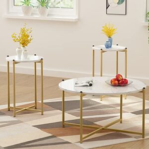 dklgg coffee table set of 3, modern round coffee table & 2pcs end table faux marble tabletop with gold cross base frame, modern living room table sets for apartment, small space (gold)