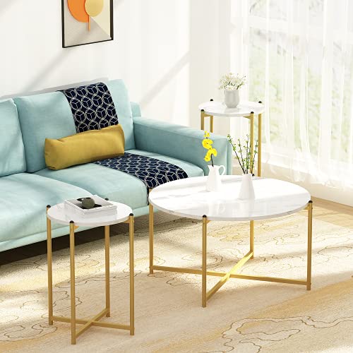 DKLGG Coffee Table Set of 3, Modern Round Coffee Table & 2pcs End Table Faux Marble Tabletop with Gold Cross Base Frame, Modern Living Room Table Sets for Apartment, Small Space (Gold)