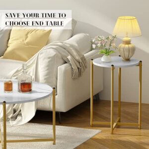 DKLGG Coffee Table Set of 3, Modern Round Coffee Table & 2pcs End Table Faux Marble Tabletop with Gold Cross Base Frame, Modern Living Room Table Sets for Apartment, Small Space (Gold)