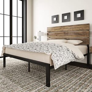 allewie queen size platform bed frame with wooden headboard and metal slats/rustic country style mattress foundation/box spring optional/strong metal slats support/easy assembly/light brown