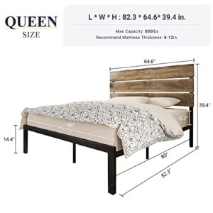 Allewie Queen Size Platform Bed Frame with Wooden headboard and Metal Slats/Rustic Country Style Mattress Foundation/Box Spring Optional/Strong Metal Slats Support/Easy Assembly/Light Brown