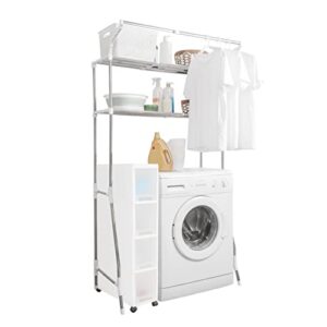 baoyouni 2-tier laundry room shelf over washing machine storage utility rack above toilet washer dryer bathroom organizer width adjustable space saving shelving units with clothes hanging rod, white