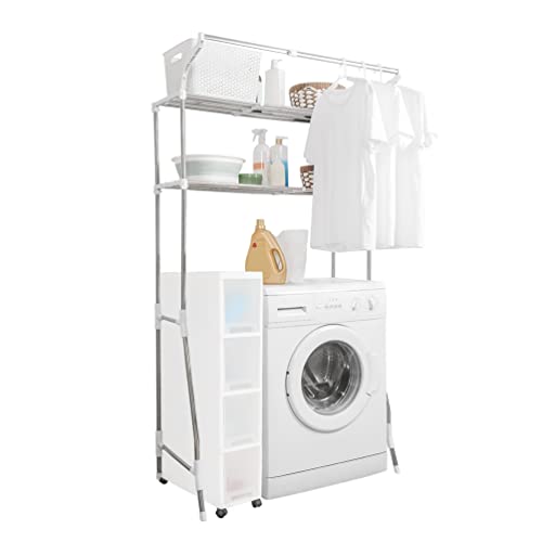 BAOYOUNI 2-Tier Laundry Room Shelf Over Washing Machine Storage Utility Rack Above Toilet Washer Dryer Bathroom Organizer Width Adjustable Space Saving Shelving Units with Clothes Hanging Rod, White