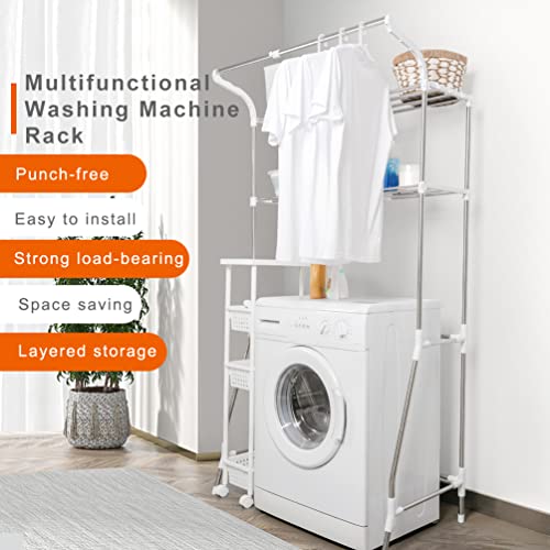 BAOYOUNI 2-Tier Laundry Room Shelf Over Washing Machine Storage Utility Rack Above Toilet Washer Dryer Bathroom Organizer Width Adjustable Space Saving Shelving Units with Clothes Hanging Rod, White