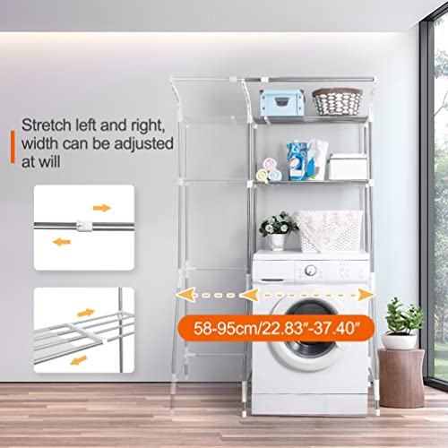 BAOYOUNI 2-Tier Laundry Room Shelf Over Washing Machine Storage Utility Rack Above Toilet Washer Dryer Bathroom Organizer Width Adjustable Space Saving Shelving Units with Clothes Hanging Rod, White