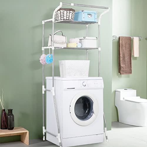BAOYOUNI 2-Tier Laundry Room Shelf Over Washing Machine Storage Utility Rack Above Toilet Washer Dryer Bathroom Organizer Width Adjustable Space Saving Shelving Units with Clothes Hanging Rod, White