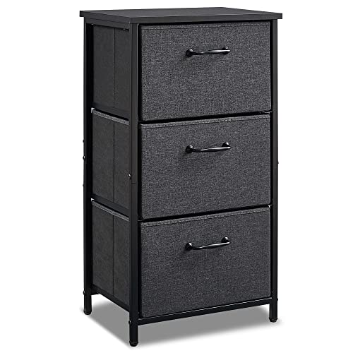 LAND·VOI Storage Dresser with 3 Fabric Drawers,Night Stand for Bedroom, Office, Living Room, and Hallway Entryway Closets, Steel Frame Wood Top, Easy Pull Handle,Black Grey BET11B