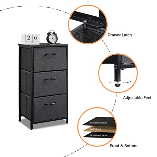 LAND·VOI Storage Dresser with 3 Fabric Drawers,Night Stand for Bedroom, Office, Living Room, and Hallway Entryway Closets, Steel Frame Wood Top, Easy Pull Handle,Black Grey BET11B