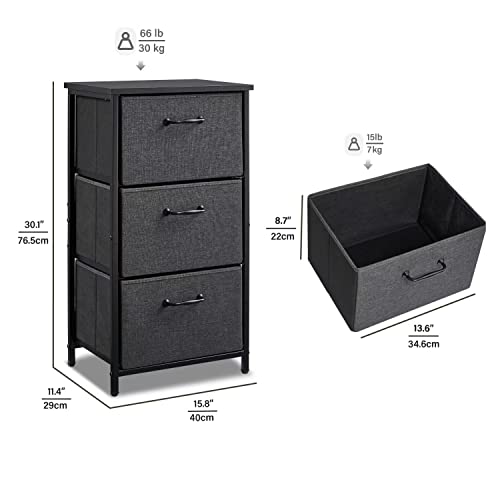 LAND·VOI Storage Dresser with 3 Fabric Drawers,Night Stand for Bedroom, Office, Living Room, and Hallway Entryway Closets, Steel Frame Wood Top, Easy Pull Handle,Black Grey BET11B