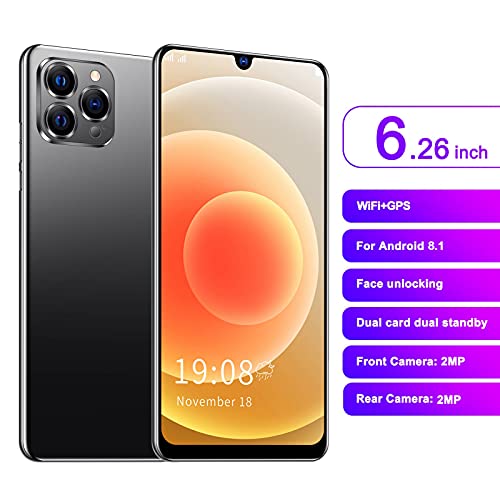 ip12 pro Unlocked Smartphones 3G, 6.26in HD Full Fit Screen Cell Phone Kids, 1GB+8GB Mobile Phone for Android, Face Unlock, WiFi+BT+FM+GPS, Dual Card Dual Standby Cell Phone Gift for Seniors(Black)