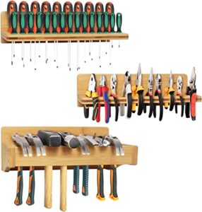 wokyy screwdriver rack wall mount, wood pliers holder, hammer rack, wooden tool storage organizer for garage workshop - 3 pack