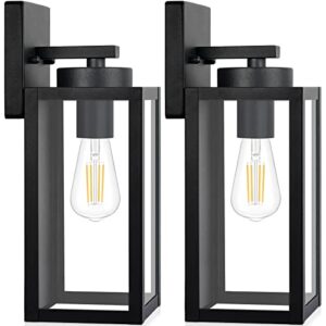 Outdoor Wall Light Fixtures, Exterior Waterproof Wall Lanterns, Porch Sconces Wall Mounted Lighting with E26 Sockets & Glass Shades, Modern Matte Black Wall Lamps for Patio Front Door Entryway, 2-Pack