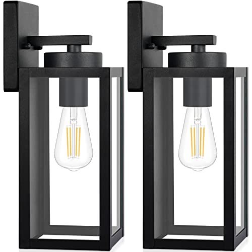 Outdoor Wall Light Fixtures, Exterior Waterproof Wall Lanterns, Porch Sconces Wall Mounted Lighting with E26 Sockets & Glass Shades, Modern Matte Black Wall Lamps for Patio Front Door Entryway, 2-Pack