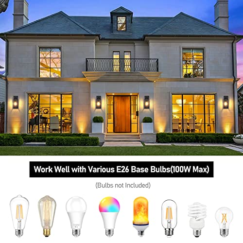 Outdoor Wall Light Fixtures, Exterior Waterproof Wall Lanterns, Porch Sconces Wall Mounted Lighting with E26 Sockets & Glass Shades, Modern Matte Black Wall Lamps for Patio Front Door Entryway, 2-Pack