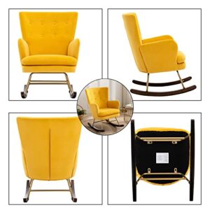 DUOMAY Modern Accent Rocking Chair, Velvet Tufted Uplostered Glider Rocker Armchair for Baby Nursery, Comfy Side Leisure Chair with Gold Legs for Living Room Bedroom Office, Yellow