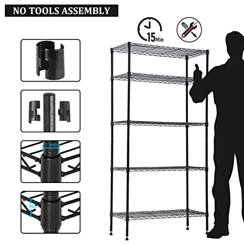 Better Choicet 5 Tier Wire Shelving Unit, Heavy Duty Storage Unit Metal Organizer Rack, Height Adjustable Shelf Standing with Wheels for Kitchen Bathroom Garage,14'' D x 24'' W x 60'' H, Black