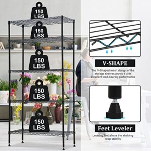 Better Choicet 5 Tier Wire Shelving Unit, Heavy Duty Storage Unit Metal Organizer Rack, Height Adjustable Shelf Standing with Wheels for Kitchen Bathroom Garage,14'' D x 24'' W x 60'' H, Black