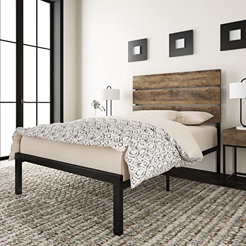 Allewie Twin Size Platform Bed Frame with Wooden headboard and Metal Slats/Rustic Country Style Mattress Foundation/Box Spring Optional/Strong Metal Slats Support/Easy Assembly/Light Brown