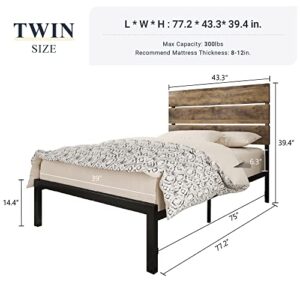 Allewie Twin Size Platform Bed Frame with Wooden headboard and Metal Slats/Rustic Country Style Mattress Foundation/Box Spring Optional/Strong Metal Slats Support/Easy Assembly/Light Brown