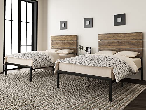 Allewie Twin Size Platform Bed Frame with Wooden headboard and Metal Slats/Rustic Country Style Mattress Foundation/Box Spring Optional/Strong Metal Slats Support/Easy Assembly/Light Brown